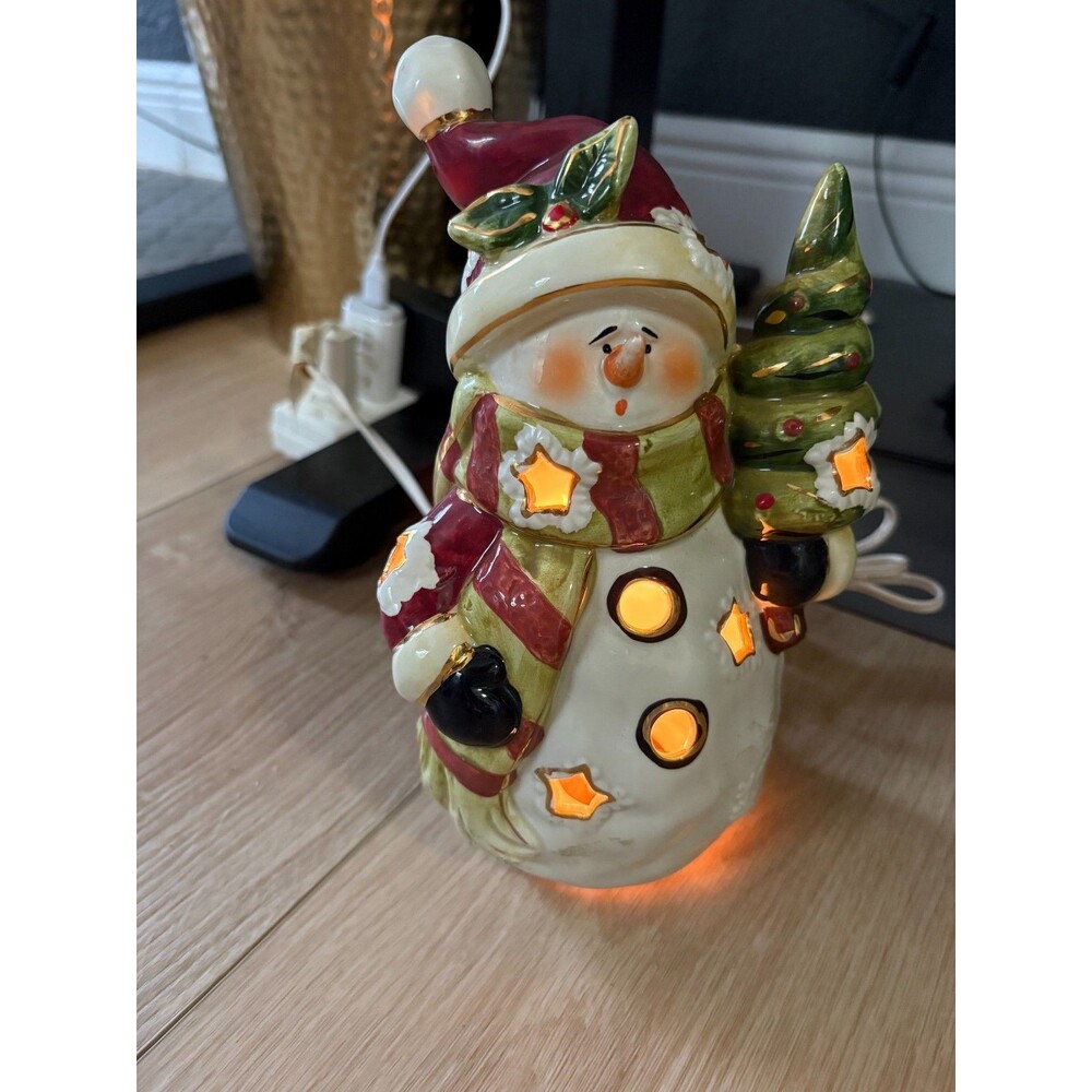 Santa's Workbench Night Light Ceramic Snowman Holding Tree Accent Decorative 9"